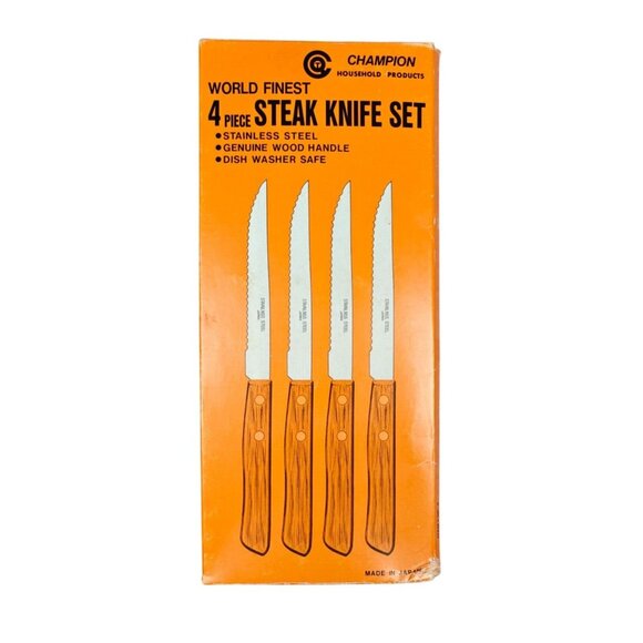 Champion Steak Knife Set of 4 Stainless Steel Blades Wood Handles Japan NEW - Picture 1 of 7